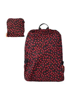 PYLONES Cherry Print Foldable Pocket Backpack in Black and Red Travel